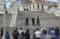 <p>French police officers block access on the stairs leading to Marseille ‘s main train station, Oct. 1, 2017 in Marseille, southern France. French police warn people to avoid Marseille’s main train station amid reports of knife attack, assailant shot dead. (AP Photo/Claude Paris) </p>