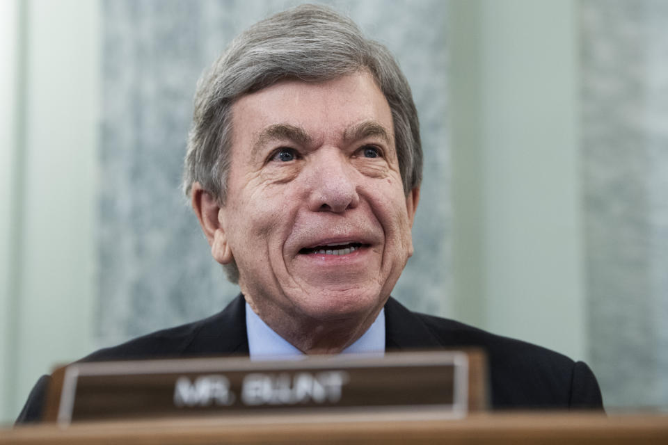 Sen. Roy Blunt, R-Mo., questions Gina Raimondo, during the Senate Commerce, Science, and Transportation Committee confirmation hearing for Raimondo, nominee for Secretary of Commerce, Tuesday, January 26, 2021, on Capitol Hill in Washington. (Tom Williams/Pool via AP)