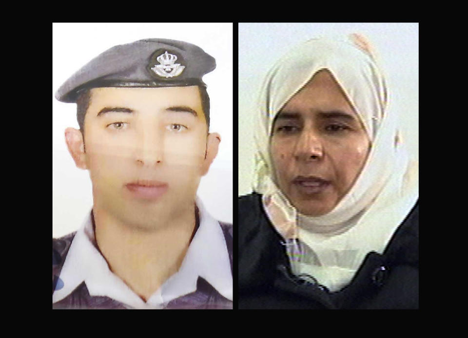 COMBO - This combination of two photographs shows the detail of a poster of an undated photograph of Jordanian pilot Lt. Muath al-Kaseasbeh, left, used during a demonstration calling for his release from the Islamic State group and a still image from video, right, of Sajida al-Rishawi, an Iraqi woman sentenced to death in Jordan for her involvement in a 2005 terrorist attack on a hotel that killed 60 people. Jordan said Wednesday, Jan. 28, 2015 it is willing to swap the woman held on death row in Jordan for the Jordanian pilot captured in December by extremists from the Islamic State group. (AP Photo)