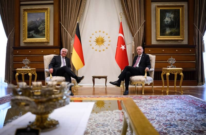 Turkish President Recep Tayyip Erdogan meets with German President Frank-Walter Steinmeier at the Presidential Palace as part of Steinmeier's three-day official visit to Turkey. Bernd von Jutrczenka/dpa