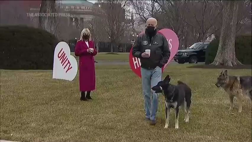 President Joe Biden and first lady Jill Biden took a walk with their dogs around the North Lawn of the White House to survey her Valentine's message to the country., Feb. 12, 2021.