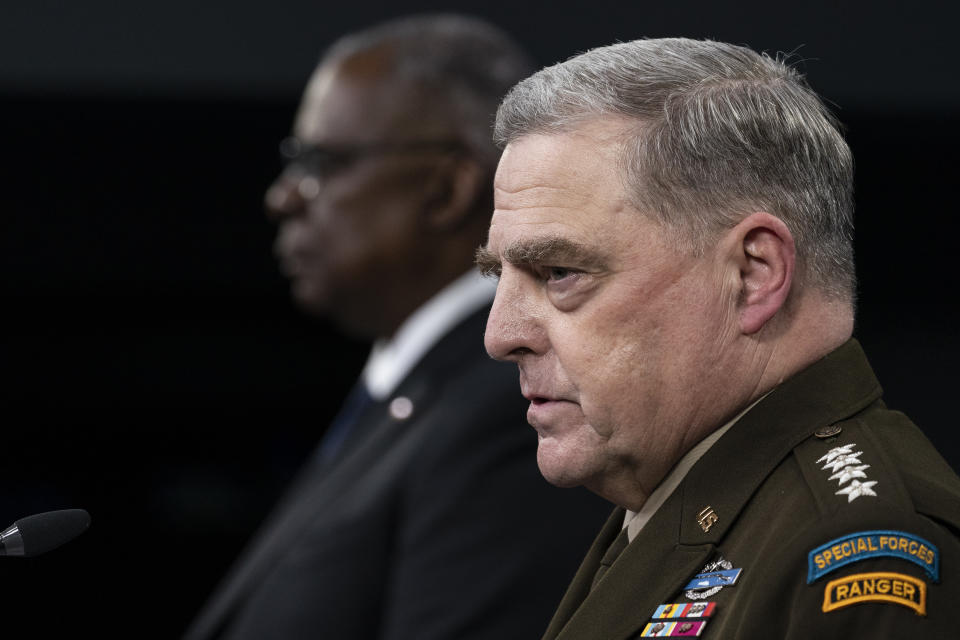 Joint Chiefs Chairman Gen. Mark Milley, right and Secretary of Defense Lloyd Austin, speak during a media briefing at the Pentagon, Wednesday, Aug. 18, 2021, in Washington. (AP Photo/Alex Brandon)