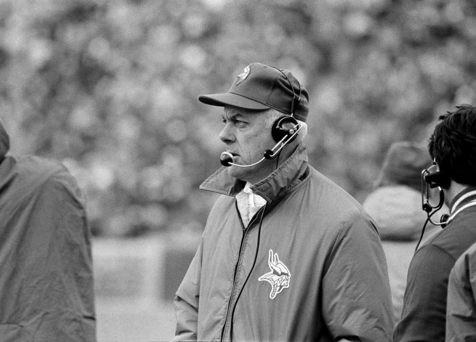 FILE - Minnesota Vikings' head coach Bud Grant looks concerned as he watches his team lose to the Chicago Bears in an NFL football game in Chicago, Dec. 6, 1981. Grant, the stoic and demanding Hall of Fame coach who took the Minnesota Vikings and their mighty Purple People Eaters defense to four Super Bowls in eight years and lost all of them, has died. He was 95. (AP Photo/Jim Bourdier, File)