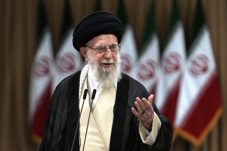 FILE - Iranian Supreme Leader Ayatollah Ali Khamenei speaks in Tehran, Iran, July 5, 2024. Secretary of State Antony Blinken and national security adviser Jake Sullivan said Friday, July 19, at separate panels in Colorado, that Iran is talking more about getting a nuclear bomb, and has made strides in developing one key aspect of a weapon in recent months. Iran says its nuclear program is for civilian purposes. The U.S. and others in the international community believe Khamenei long has held off from giving any final go-ahead for Iranian scientists to develop a nuclear weapon. (AP Photo/Vahid Salemi, File)