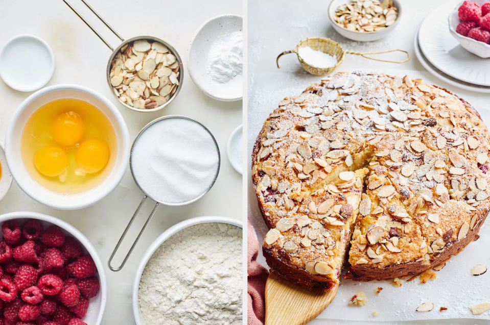 prepped ingredients and sliced raspberry almond ricotta cake