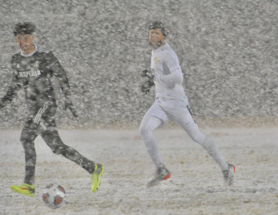 The Oak Park boys soccer team played in a winter wonderland at Hesperia on Tuesday, Feb. 15, 2022. The Eagles lost the snowy CIF-SS Division 3 second-round match in a shootout after finishing regulation and overtime tied at 2-2.