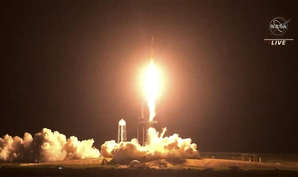 In this image made from NASA video, the SpaceX Crew Dragon spacecraft lifts off for the Crew-2 mission carrying NASA astronauts Shane Kimbrough, Megan McArthur, ESA (European Space Agency) astronaut Thomas Pesquet, and Japan Aerospace Exploration Agency (JAXA) astronaut Akihiko Hoshide from Launch Complex 39A, Friday, April 23, 2021, at the Kennedy Space Center in Cape Canaveral, Fla. (NASA via AP)