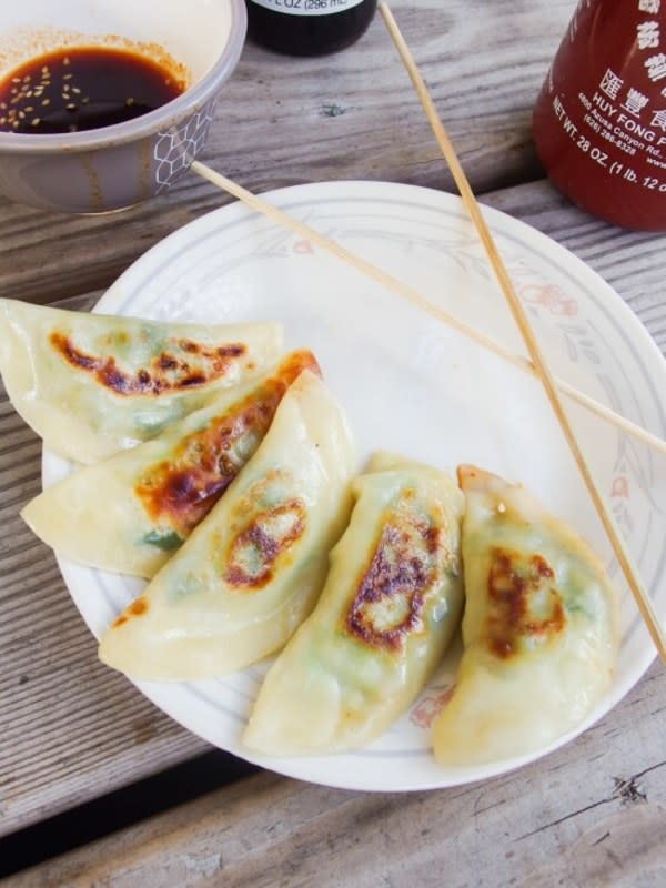 <p><strong>Get the recipe here: <a href="https://yupitsvegan.com/avocado-edamame-potstickers/" rel="nofollow noopener" target="_blank" data-ylk="slk:Avocado Edamame Potstickers;elm:context_link;itc:0;sec:content-canvas" class="link ">Avocado Edamame Potstickers</a></strong></p>