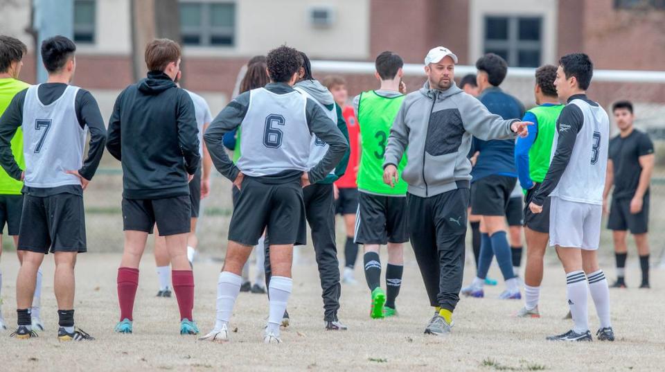 Ehtar Belleville F.C.’s head coach Drew Crawford works with potential team members during an open tryout. Ehtar will play their home games at Althoff Catholic High School after originally planning on playing at the former Lindenwood University and Belleville West campus.