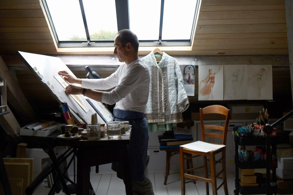 Jerome Kaplan at work in his atelier, situated in the attic of his 18th century presbytere.