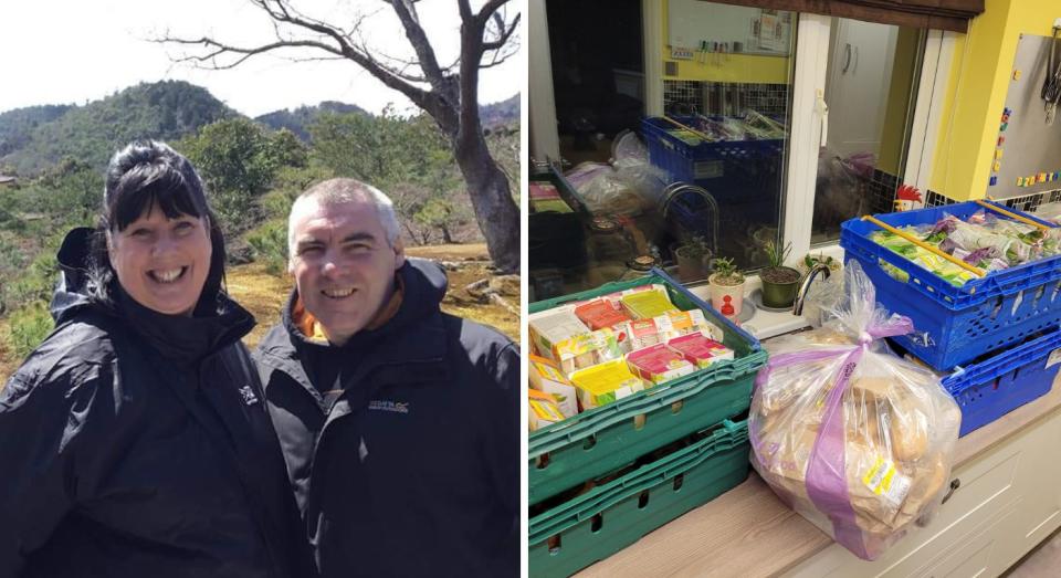 Helen Morrison and her husband, pictured next to a large food shop collection. (PA Real Life)