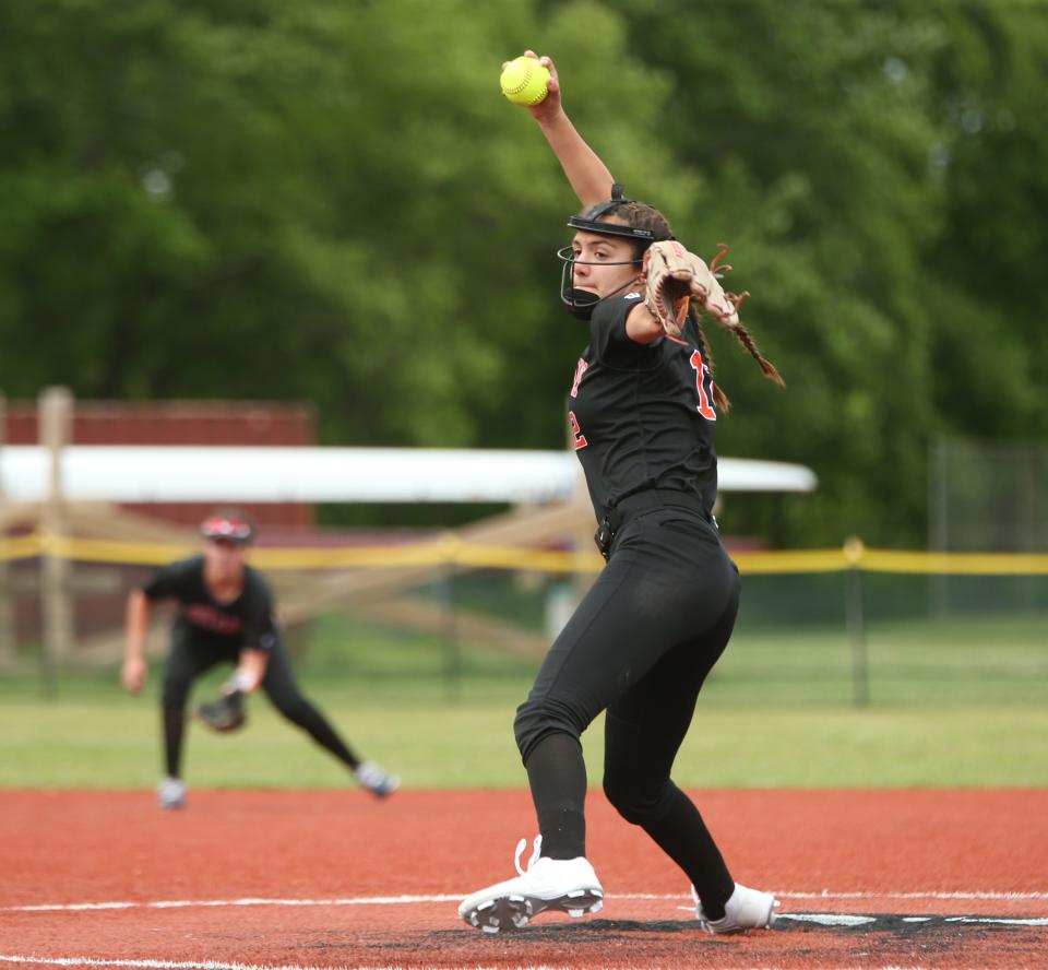 White Plains' Serena Gillen pitches during the Section 1 Class AA softball semifinal versus Arlington on May 24, 2022. 