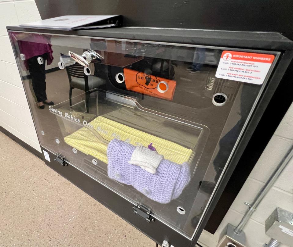 The interior of a Safe Haven Baby Box, like this one at Gadsden's Fire Station 3, is ventilated, climate controlled to 74 degrees and if an infant is placed inside, alarms are immediately triggered. According to Safe Haven, the average time until emergency personnel arrive is 2 minutes.