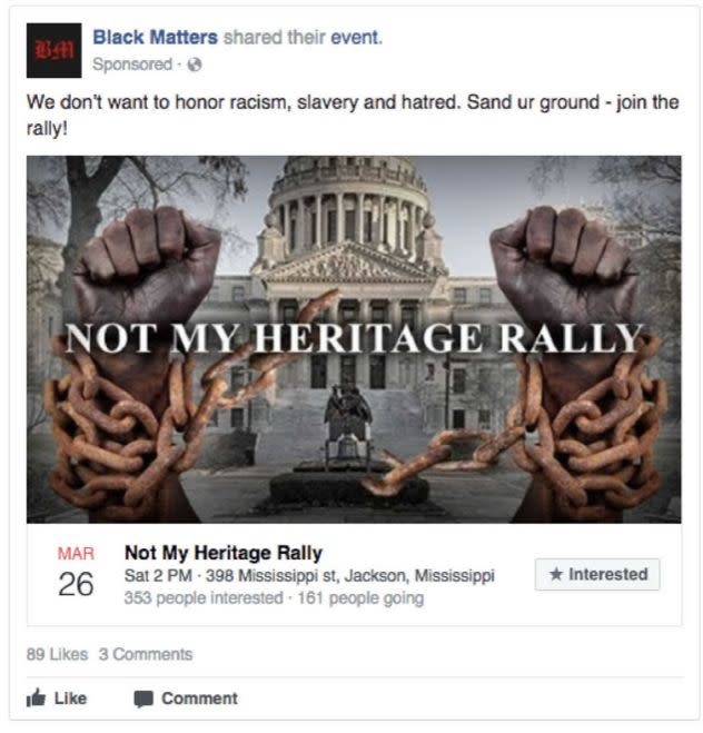 According to the House&nbsp;analysis, the IRA paid 2,840 rubles (about $46) to promote a "Not My Heritage Rally." The ad targeted 18- to 50-year-olds who lived within 12 miles of Jackson, Miss., and had 9,306 impressions and 261 clicks.