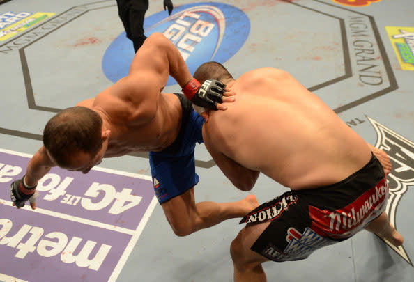 Cain Velasquez versus Junior dos Santos during their heavyweight championship fight at UFC 155 on December 29, 2012 at MGM Grand Garden Arena in Las Vegas, Nevada. (Photo by Donald Miralle/Zuffa LLC/Zuffa LLC via Getty Images)