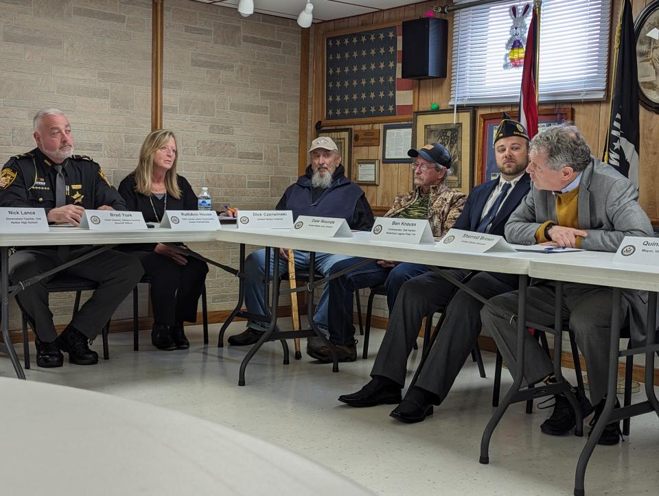 Sen. Sherrod Brown, D-Ohio, right, listens to veterans and local officials during a roundtable discussion on the PACT Act, April 2, 2024, at the American Legion Post 114, Oak Harbor, Ohio. Post Commander Ben Knauss sits to Brown's immediate right.