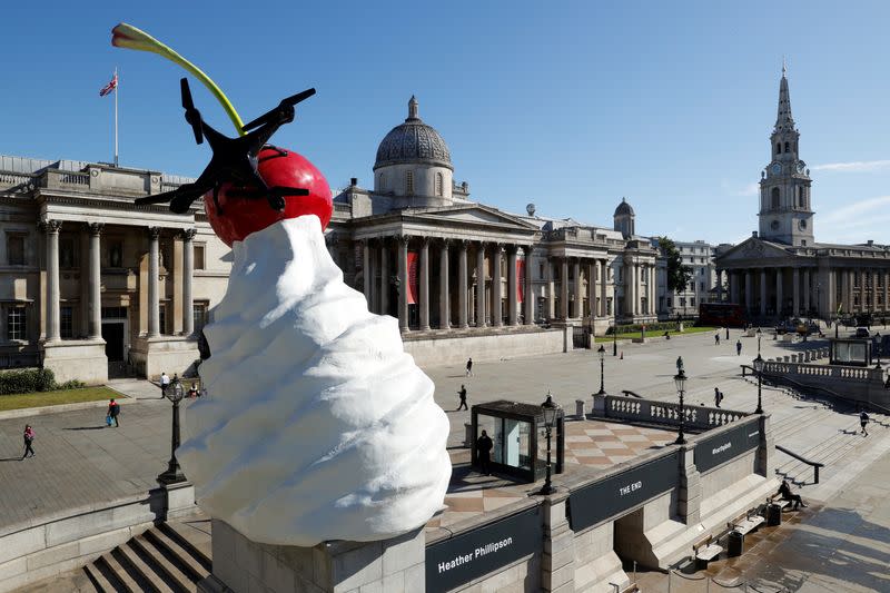 Heather Phillipson's sculpture ''THE END'' is seen after it was unveiled on Trafalgar Square's Fourth Plinth, in London