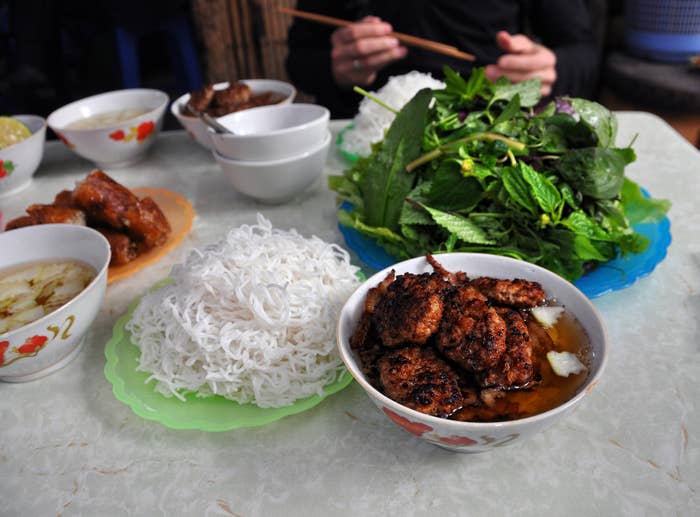 Vietnamese bun bo with rice noodles.