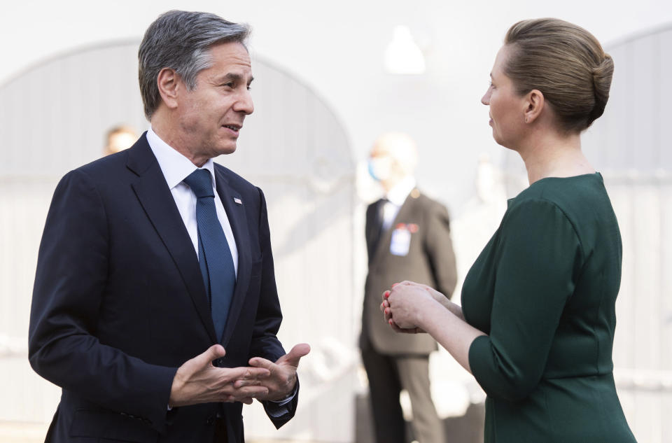 Danish Prime Minister Mette Frederiksen talks with US Secretary of State Antony Blinken as he arrives for meetings at Marienborg, the official residence of the Prime Minister, in Copenhagen, Denmark, May 17, 2021. U.S. Secretary of State Antony Blinken is in Denmark for talks on climate change, Arctic policy and Russia as calls grow for the Biden administration to take a tougher and more active stance on spiraling Israeli-Palestinian violence. (Saul Loeb/Pool photo via AP)