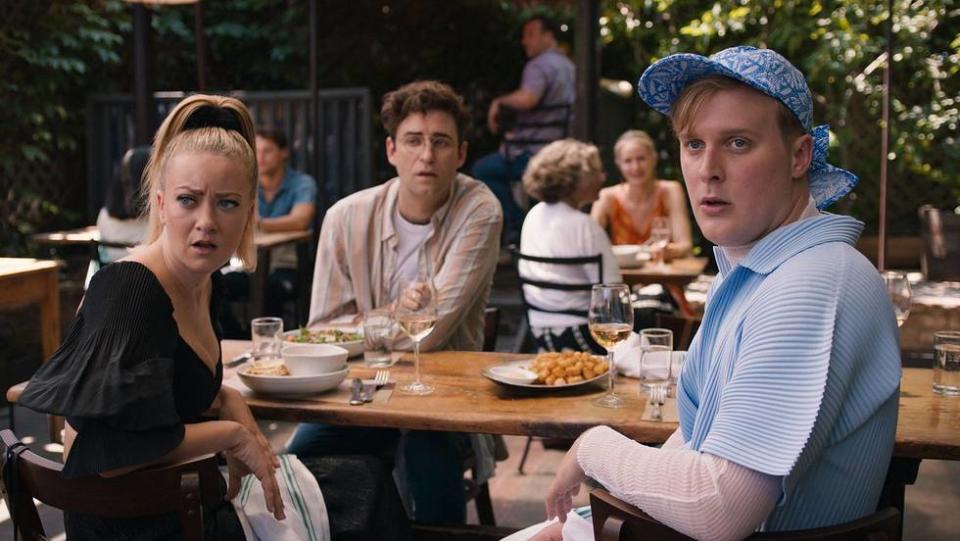 Meredith Hagner, John Reynolds and John Early in “Search Party.” Courtesy of HBO Max