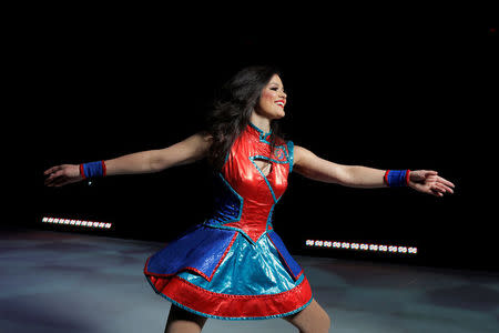 Skater Ashley Vargas spins on the ice during a news conference about the final weekend of the Ringling Bros. and Barnum & Bailey circus at Nassau Coliseum in Uniondale, New York, May 19, 2017. REUTERS/Lucas Jackson