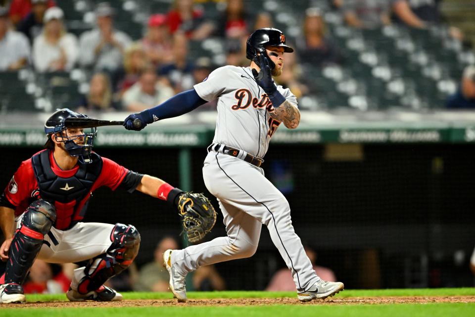 Tigers catcher Tucker Barnhart hits an RBI single in the eighth inning of the Tigers' 7-5 win in Game 2 of the doubleheader on Monday, Aug. 15, 2022, in Cleveland.