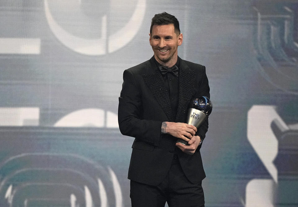Argentina's Lionel Messi smiles after receiving the Best FIFA Men's player award during the ceremony of the Best FIFA Football Awards in Paris, France, Monday, Feb. 27, 2023. (AP Photo/Michel Euler)