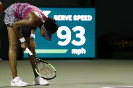 Mar 30, 2017; Miami, FL, USA; Venus Williams of the United States reacts after missing a shot against Johanna Konta of Great Britain (not pictured) in a women's singles semi-final during the 2017 Miami Open at Crandon Park Tennis Center. Konta won 6-4, 7-5. Mandatory Credit: Geoff Burke-USA TODAY Sports