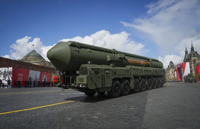 Russian RS-24 Yars ballistic missile rolls during the Victory Day military parade in Moscow, Russia, Monday, May 9, 2022, marking the 77th anniversary of the end of World War II. (AP Photo/Alexander Zemlianichenko)