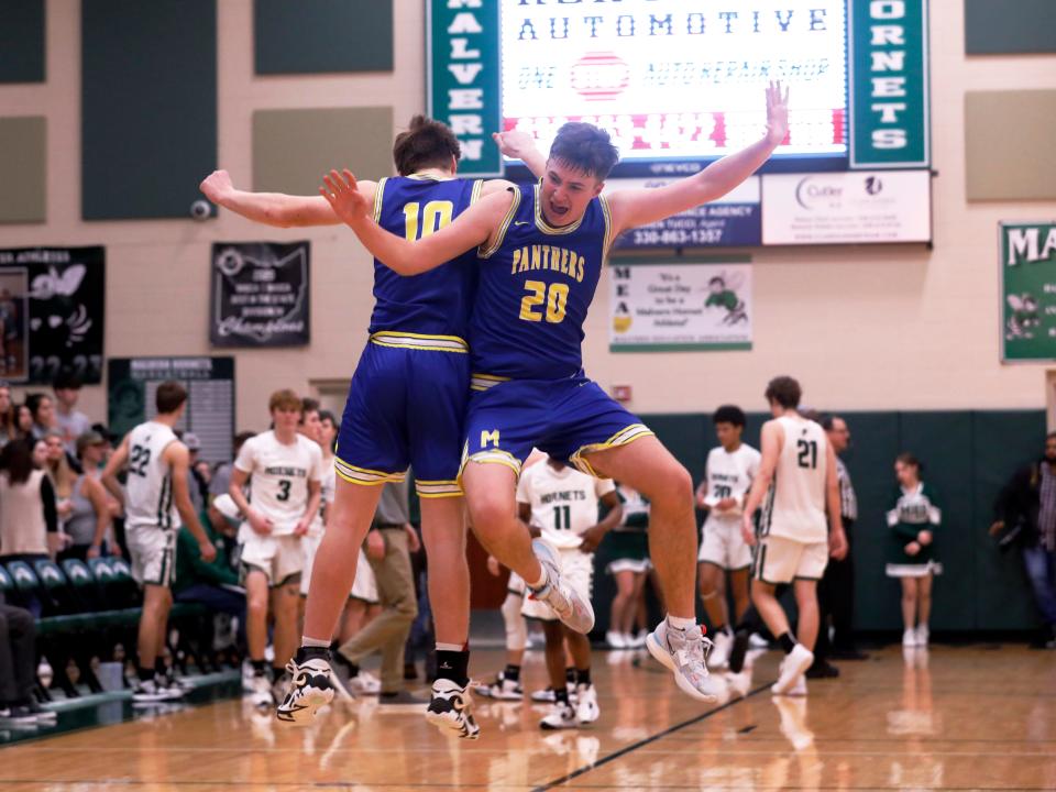 Coen Fink, left, and Connor Larimer celebrate after Maysville secured a 58-50 win against host Malvern in a battle of unbeatens on Tuesday night. The Panthers improved to 10-0 entering Friday's game at West Muskungum.