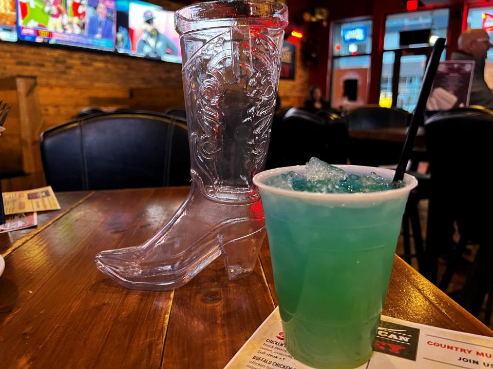 The Willie Nelson at Beer Can Alley features coconut rum, white rum, blue Curacao, melon liqueur and pineapple.