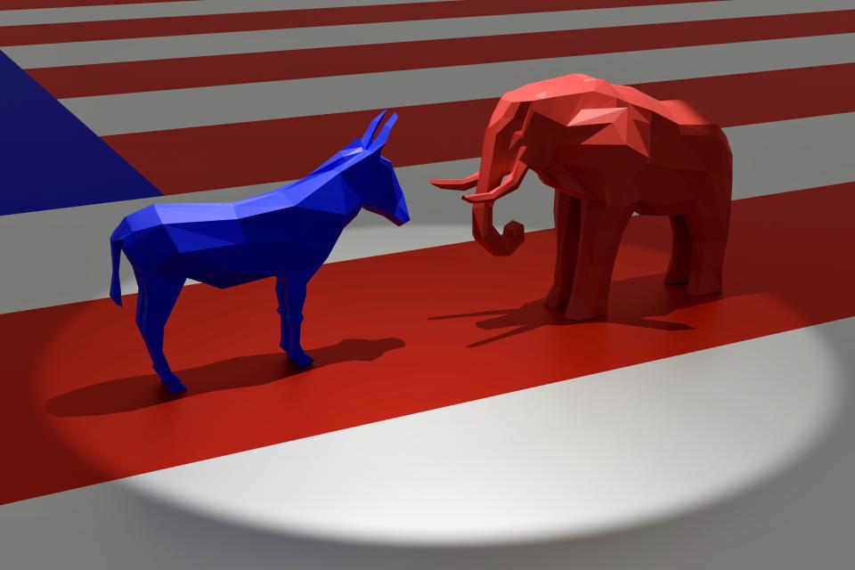 Rendering of the blue donkey and the red elephant in a spotlight representing the Democratic and Republican political parties, respectively, on top of the American Flag.