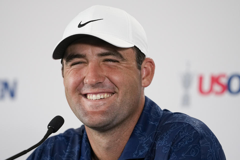 Scottie Scheffler speaks during a news conference before the U.S. Open Championship golf tournament at The Los Angeles Country Club on Tuesday, June 13, 2023, in Los Angeles. (AP Photo/Chris Carlson)