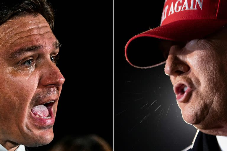 Esta combinación de imágenes creadas el 24 de mayo de 2023 muestra al gobernador de Florida, Ron DeSantis, durante un evento de la noche de las elecciones primarias en Hialeah, Florida, el 23 de agosto de 2022, y al entonces presidente de Estados Unidos, Donald Trump, en el Aeropuerto Internacional General Mitchell en Milwaukee, Wisconsin, el 2 de noviembre de 2020.