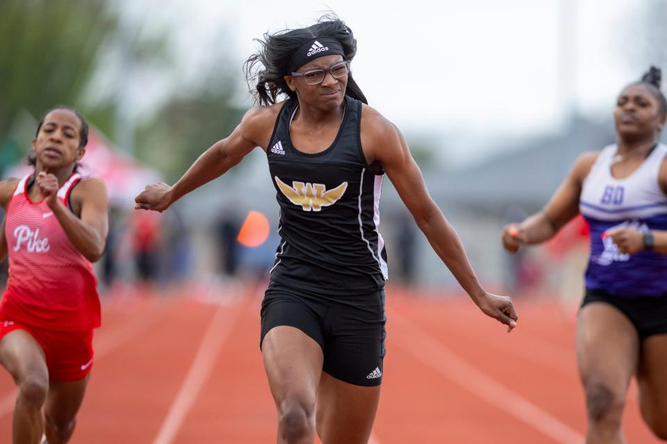 Warren Central High School sophomore Jila Vaden competes in the girls’ 100M dash during a Metropolitan Interscholastic Conference Track and Field Championship meet, Friday, April 29, 2022, at Pike High School.