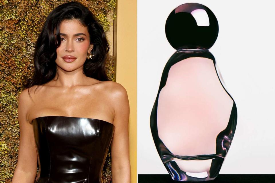 <p>Getty;kyliecosmetics/Instagram</p> Kylie Jenner and her new fragrance bottle.