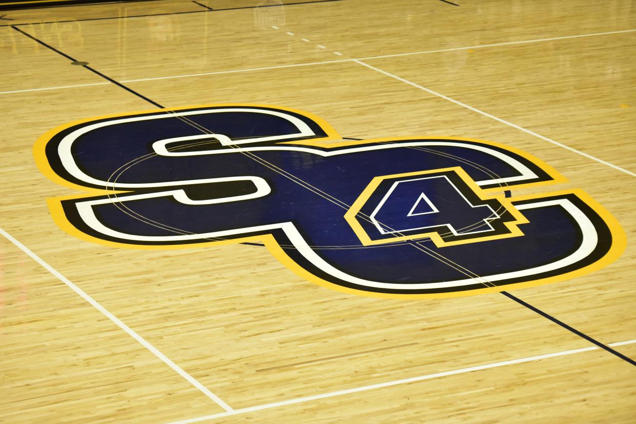 The athletics logo for St. Clair County Community College is seen on the court at SC4 Fieldhouse in Port Huron on Wednesday, March 22, 2023.