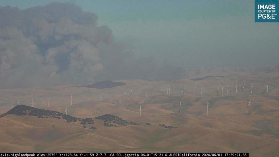 PHOTO: In this image from an AlertCalifornia/UC San Diego monitoring camera, smoke rises from the Corral Fire near the city of Tracy, Calif., Saturday, June 1, 2024.  (AP)