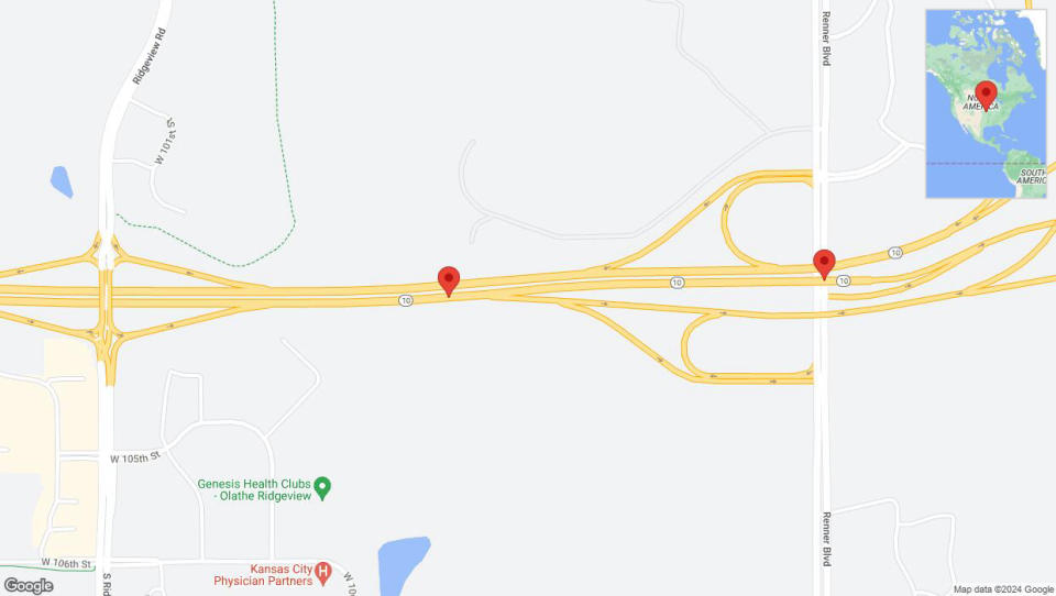 A detailed map that shows the affected road due to 'Warning in Olathe: Crash reported on eastbound K-10' on May 22nd at 7:20 a.m.