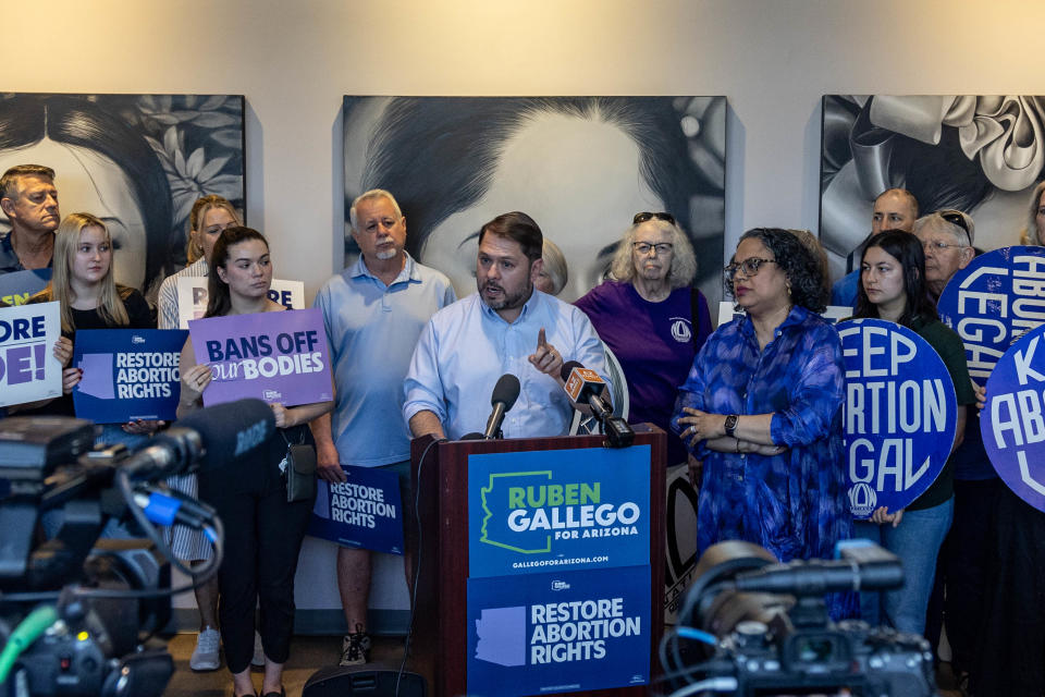 Rep. Ruben Gallego speaks in Phoenix on the state's Supreme Court ruling to uphold near-total ban on abortions on April 12, 2024.