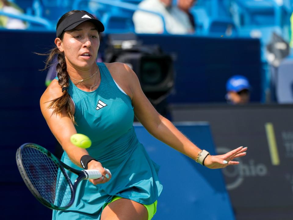 Jessica Pegula, of the United States, hits a forehand to Martina Trevisan, of Italy, during the Western & Southern Open at the Lindner Family Tennis Center in Mason on Wednesday, Aug. 16, 2023.