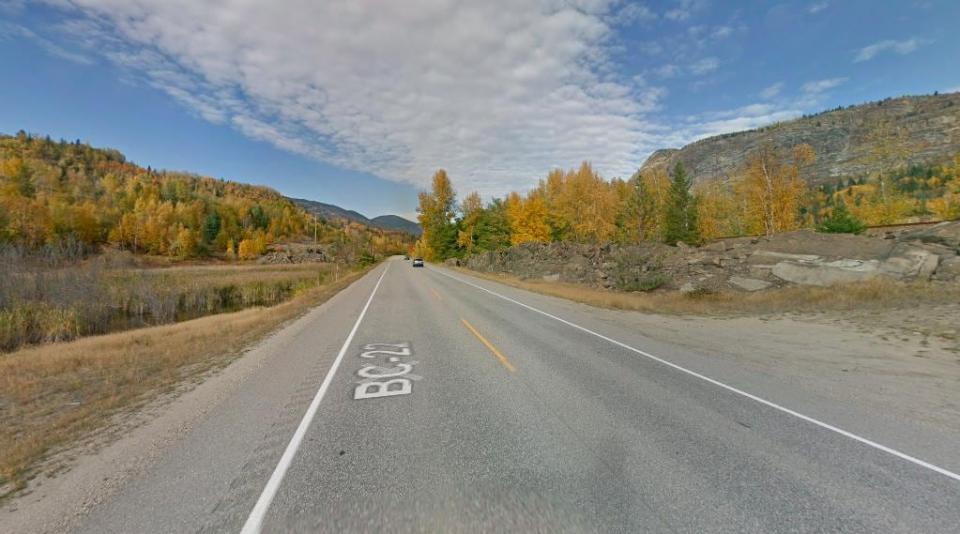 Highway 22 is seen near Hanna Drive, north of Trail, B.C., in an image from Google Streetview. RCMP say a mother was killed and her four children hurt in a crash in the area on Oct. 1, 2022. (Google Streetview - image credit)