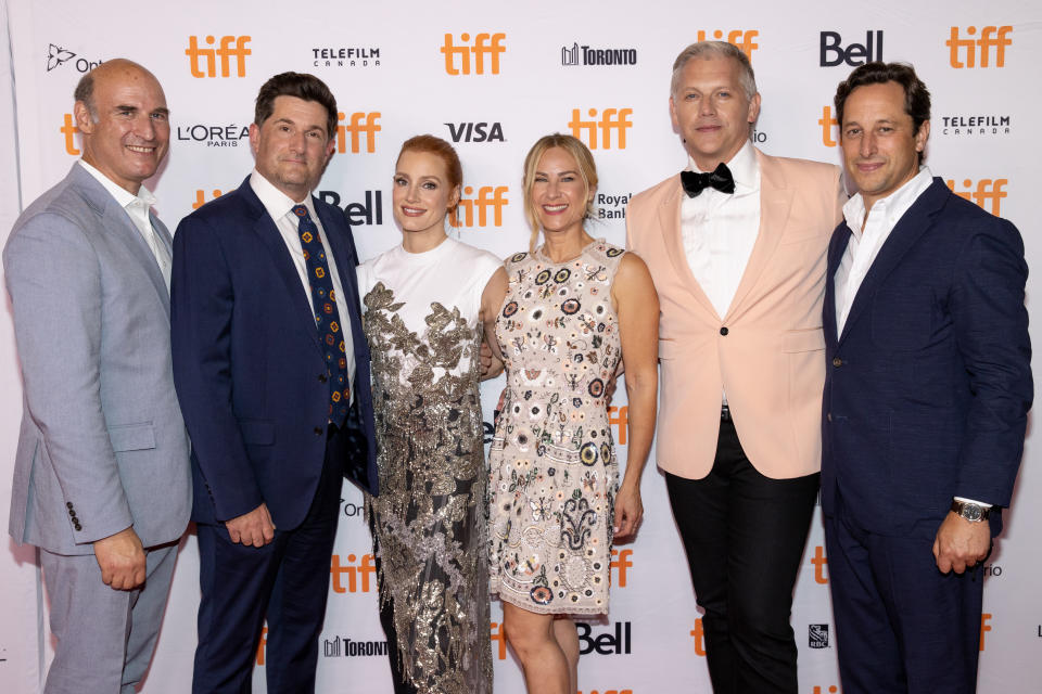 TORONTO, ONTARIO - SEPTEMBER 12: (L-R) President of Production at Searchlight Pictures Matthew Greenfield, Michael Showalter, Jessica Chastain, Rachel Shane, Abe Sylvia, President of Production at Searchlight Pictures David Greenbaum attend 