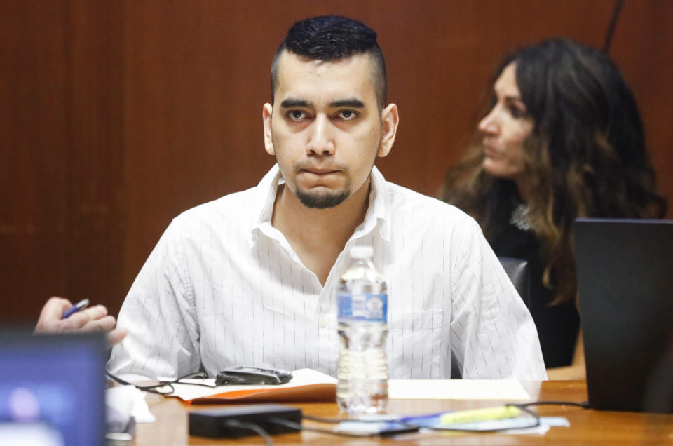 Cristhian Bahena Rivera listens in the courtroom at the Scott County Courthouse in Davenport, Iowa, on Wednesday, May 19, 2021. Rivera is charged with first-degree in the death of Mollie Tibbetts. (Jim Slosiarek/The Gazette via AP, Pool)