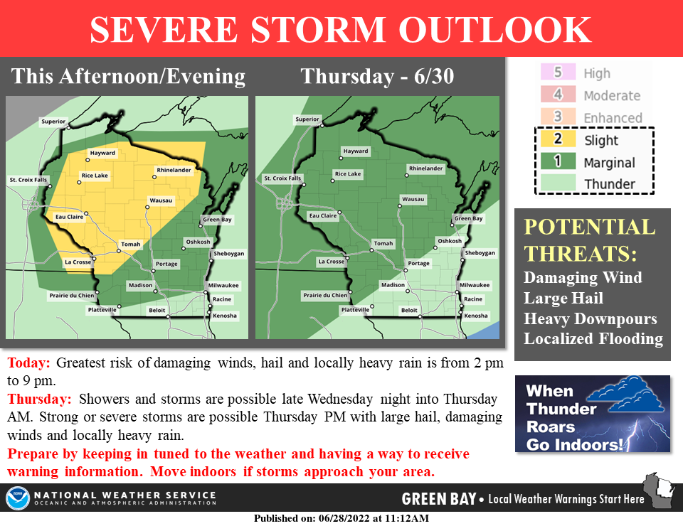 The National Weather Service issued a severe thunderstorm warning Tuesday for much of central and northern Wisconsin.