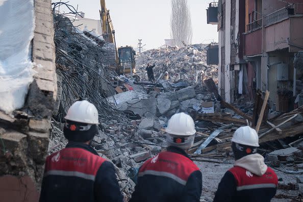 ELBISTAN, TURKEY - FEBRUARY 10: Volunteers and rescue teams work for on a ruined building on February 10, 2023 in Elbistan Turkey. A 7.8-magnitude earthquake hit near Gaziantep, Turkey, in the early hours of Monday, followed by another 7.5-magnitude tremor just after midday. The quakes caused widespread destruction in southern Turkey and northern Syria and were felt in nearby countries.  (Photo by Mehmet Kacmaz/Getty Images)