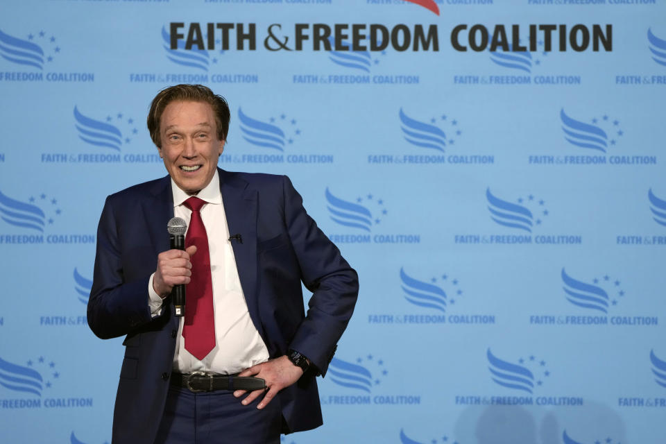 Republican presidential candidate and Michigan businessman Perry Johnson speaks during the Iowa Faith and Freedom Coalition Spring Kick-Off, Saturday, April 22, 2023, in Clive, Iowa. (AP Photo/Charlie Neibergall)