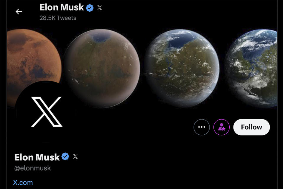 This screen shot taken Monday, July 24, 2023, in New York, shows Elon Musk's Twitter page with the new X logo that he introduced a day before. (AP Photo)