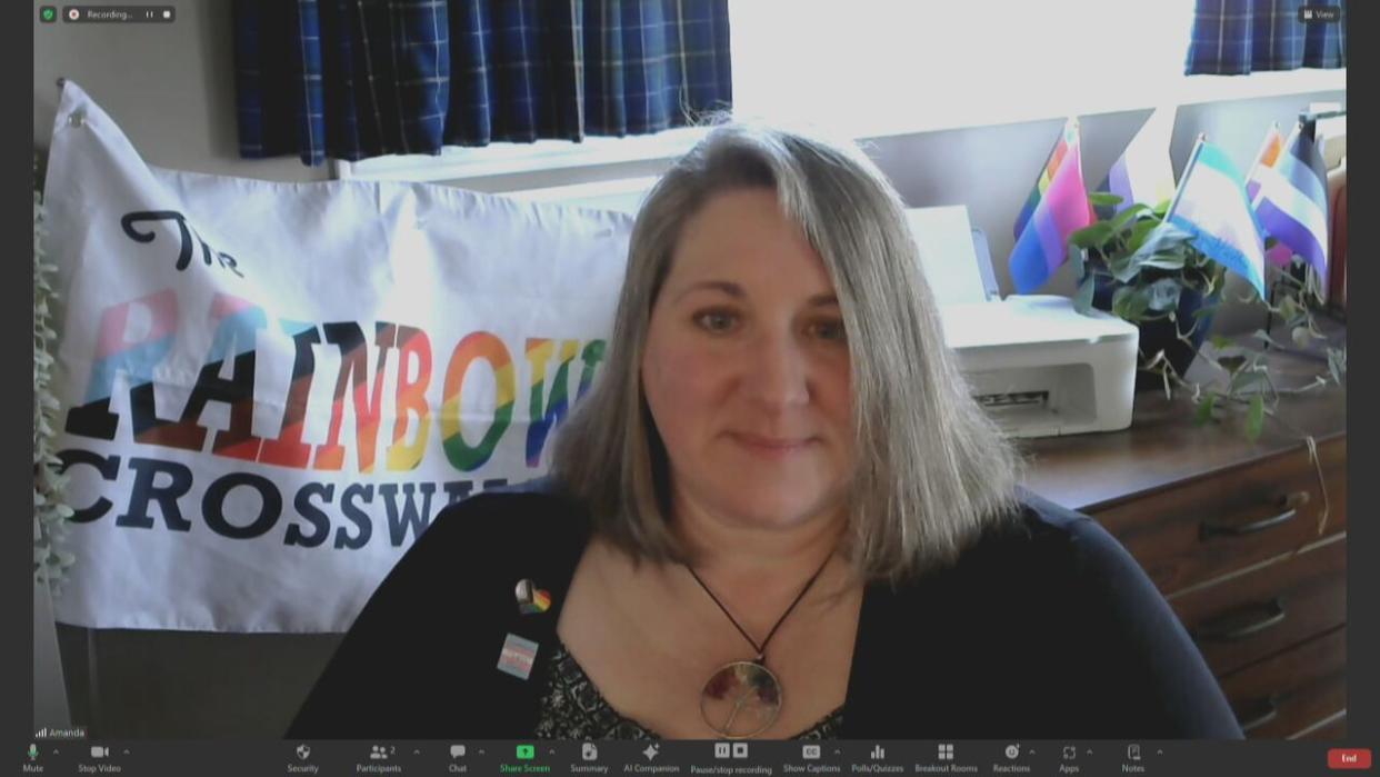Amanda Lightbody, president of a Woodstock-based Pride group, is speaking out about changes to the town's policy around banners. (Sam Farley/Zoom - image credit)