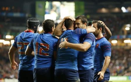 Rugby Union - France v Canada - IRB Rugby World Cup 2015 Pool D - Stadium MK, Milton Keynes, England - 1/10/15 Remy Grosso celebrates with team mates after scoring the fifth try for France Action Images via Reuters / Andrew Boyers Livepic